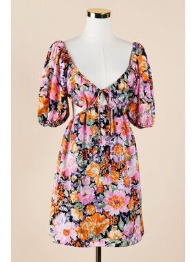 Sz 4 All About May Black & Pink Floral Cutout Short Puff Sleeve Mini Dress EUC